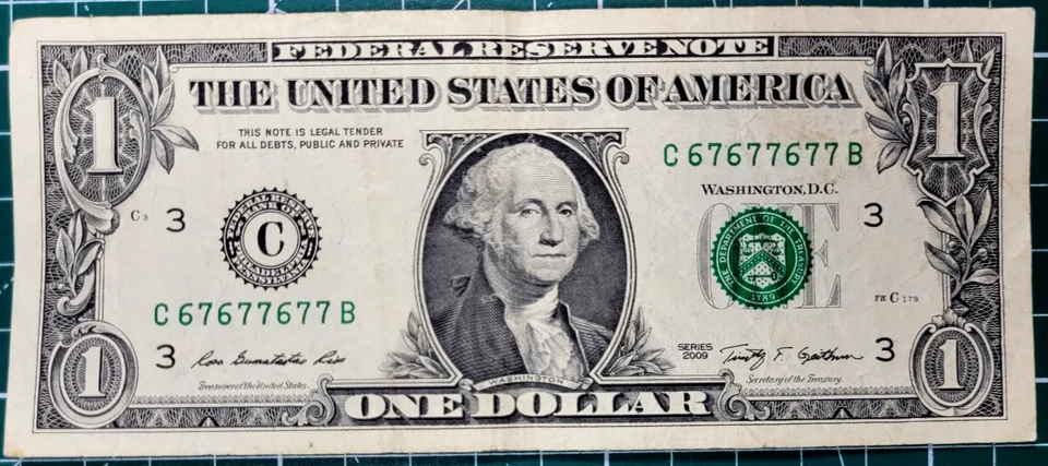 2009 Binary 7s & 6's C67677677B Fancy Serial Number $1 Dollar Bill Almost Super - Image 2 of 3