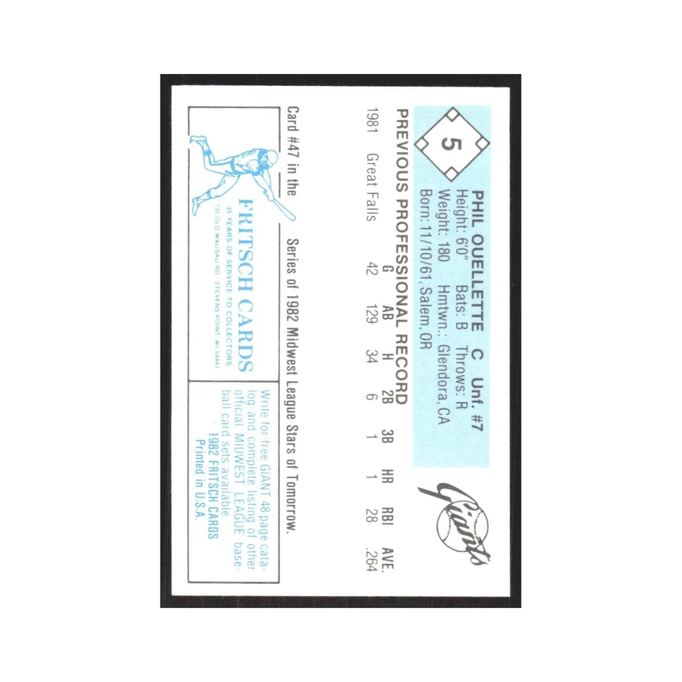 1982 Fritsch Minor League Phil Ouellette Clinton Giants #5.0 - Image 2 of 3