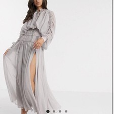 NWT ASOS Gray Chiffon Maxi Dress High Neck Puff Sleeve Smocked Ruffle