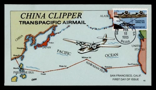 DR WHO 1985 FDC CHINA CLIPPER FLIGHT ANIV COLLINS HAND COLORED CACHET M77657
