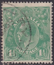 AUST KGV 1½d GREEN SINGLE Wk. VARIETY: COARSE MESH PAPER. USED. (K911)