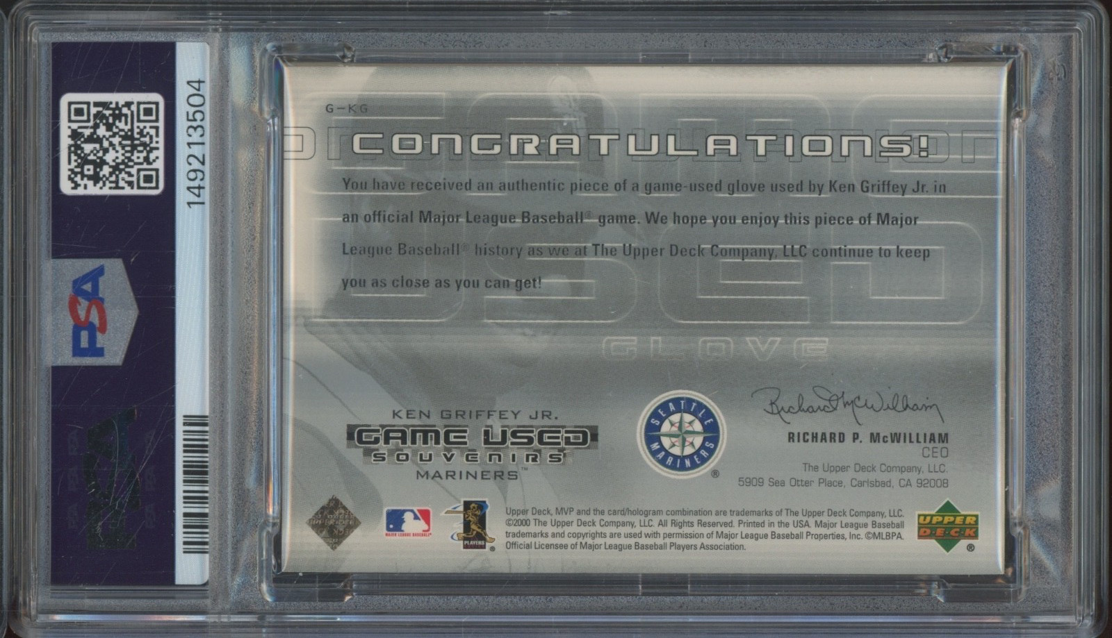 2000 Upper Deck MVP Ken Griffey Jr Auto Game Used Glove PSA Authentic 9 Auto view 2