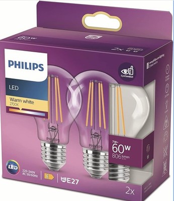 Philips LED Classic A60 Glühbirne 2er Set [E27 Edison Schraube] 7W = 60W Äquivale