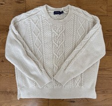 Polo Ralph Lauren Fisherman Sweater Women LARGE Chunky Cable Knit Cream Cotton