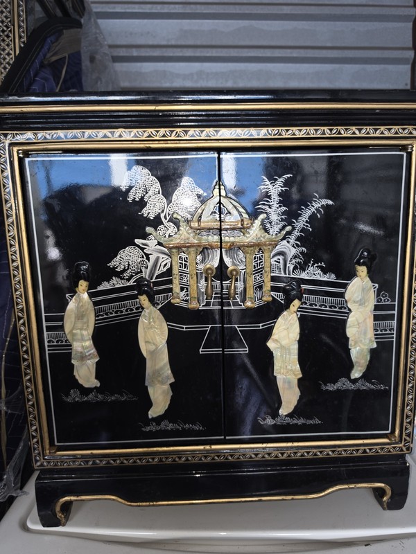 Chinese Black Lacquer Wood Cabinet with Mother of Pearl Inlay Figures Scene