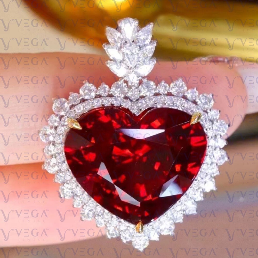 Heart Cut Natural Garnet Diamond Solid 14K Dual Gold Pendant No  Chain