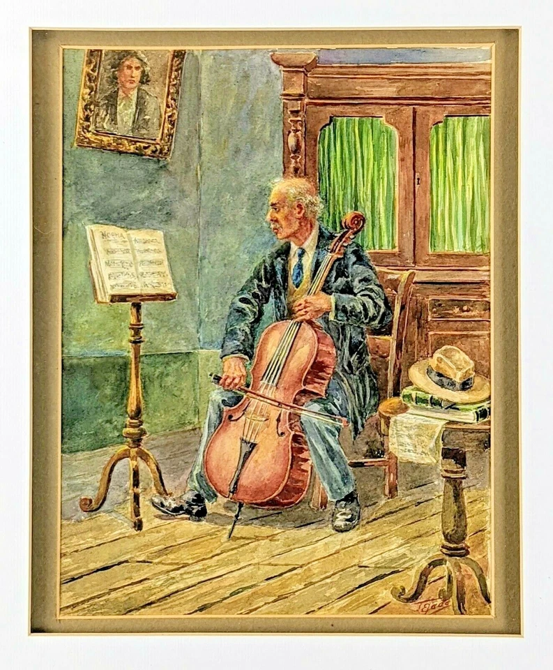 José Joaquín Tejada Original Acuarela Pintura de un Hombre Tocando un Violonchelo Foto 2 de 3
