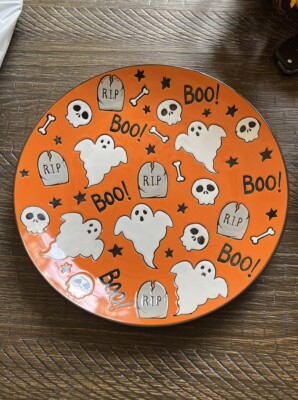 Eli Anna Halloween Plate Platter Ghost Skeleton Skull In Hand!! New