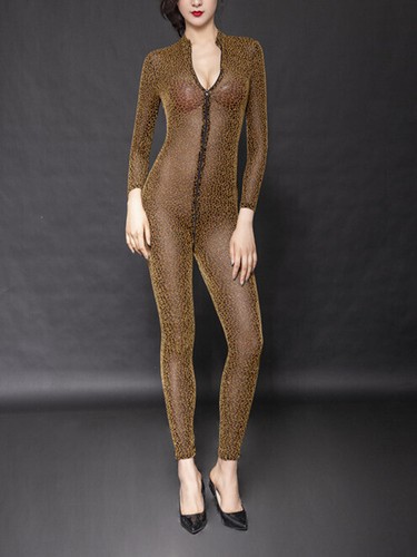 Mujeres Leopardo Transparente Body Gato Dos Vías Cremallera Mameluco Entrepierna Abierta Mono - Imagen 9 de 14