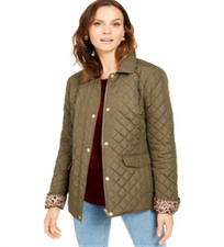 Charter Club Women's Leopard Print Trim Hooded Jacket Green Size X-large