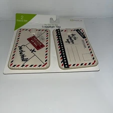 Retro Postcard 2 Piece Leather Luggage Bag Tags Set Cream / Red / Blue