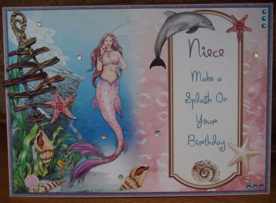 HANDMADE AUCTION SALE FANTASY SUMMER NIECE BIRTHDAY CARD A PINK MERMAID