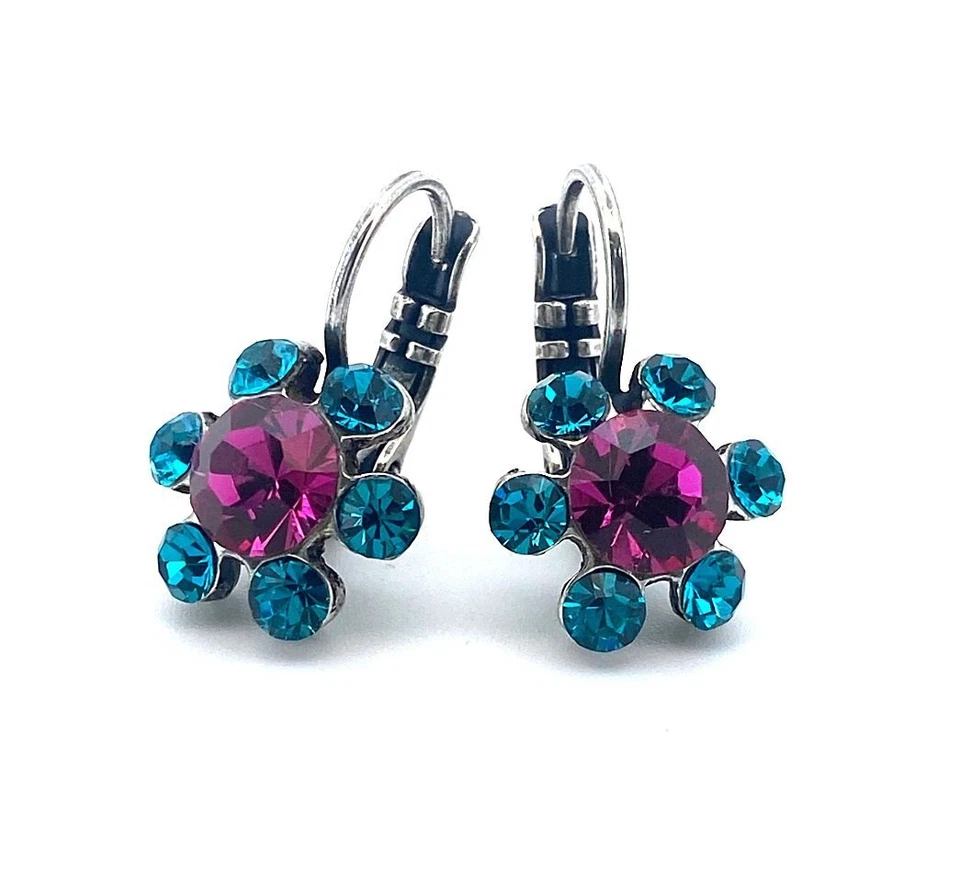 Earrings By Mariana Woman Stylish Floral Fuchsia and Teal Swarovski Crystals - Image 2 of 4