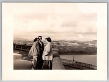 Vtg B&W Snapshot Group Man Women Coats Crown Point Oregon Scenic View 1950
