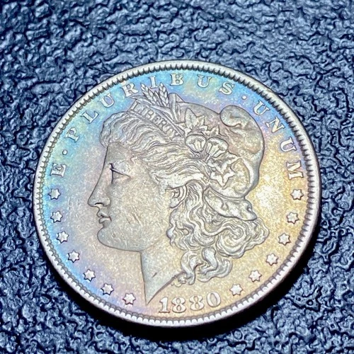 107 💎 1880 AU+$1 MORGAN SILVER DOLLAR NT Beautiful MULTI-COLORED Toning