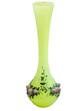 Vase soliflore Art Nouveau Verre Opalin Vert Fluo avec Fleurs Roses en Relief