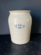 Stoneware Butter Churn Crock 2 gal. Blue Leaf Design (DAMAGED & REPAIR-READ)