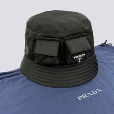 Prada Re-Nylon Metal Triangle Logo Pockets Bucket Hat Head Black Size M
