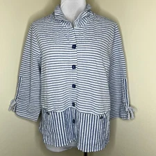 Habitat Crinkle Shirt Medium Button Down Gauzy Blue Striped Lagenlook Beach Chic