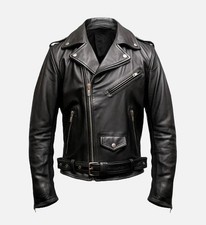 Black Leather Biker Jacket with Zip and Pockets for Men, Classic Design Jacket