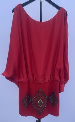 Hale Bob Red Beaded Batwing Sleeve Mini A-Line Short Dress Boat Neck L