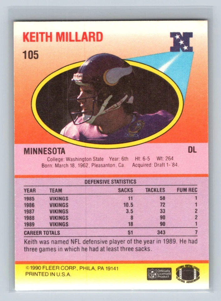 Keith Millard 1990 Fleer #105 Minnesota Vikings - Image 2 of 2