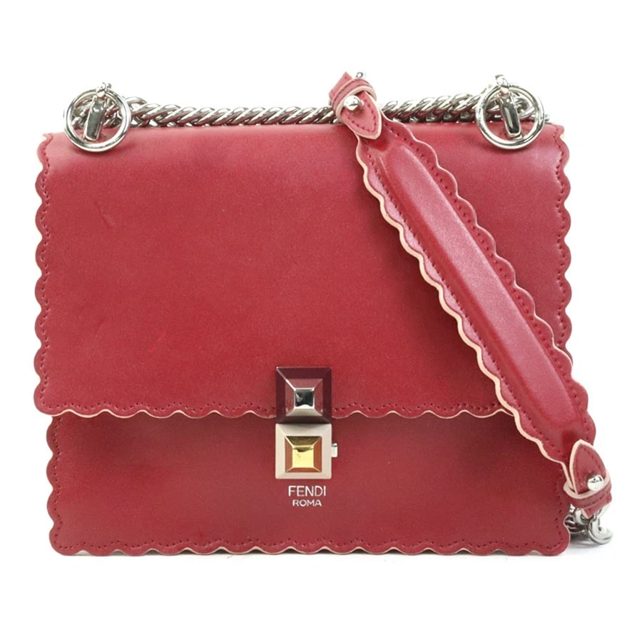 Fendi — Auth FENDI Kan I Mini Shoulder Bag Red Leather/Metal - h31407a