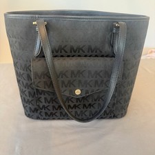 Michael Kors Black MK Monogram Jacquard Tote Shoulder Bag Gold Hardware