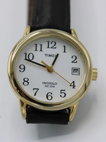 Vintage Analog Quartz Women Watch Timex Gold Tone Black Strap Round T2H341 WR 30
