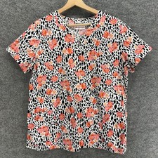 White Cross Scrub Top Women L Large White Floral V-Neck Short Sleeve Cotton