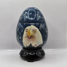 Lacquered Enamel Art Deco American Eagle Egg Shaped Trinket Box Vietnam 8"H