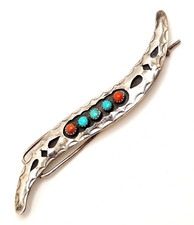 925 Sterling Hand Stamped Petite Point Turquoise Coral Hair Barrette Clip, 4.5"