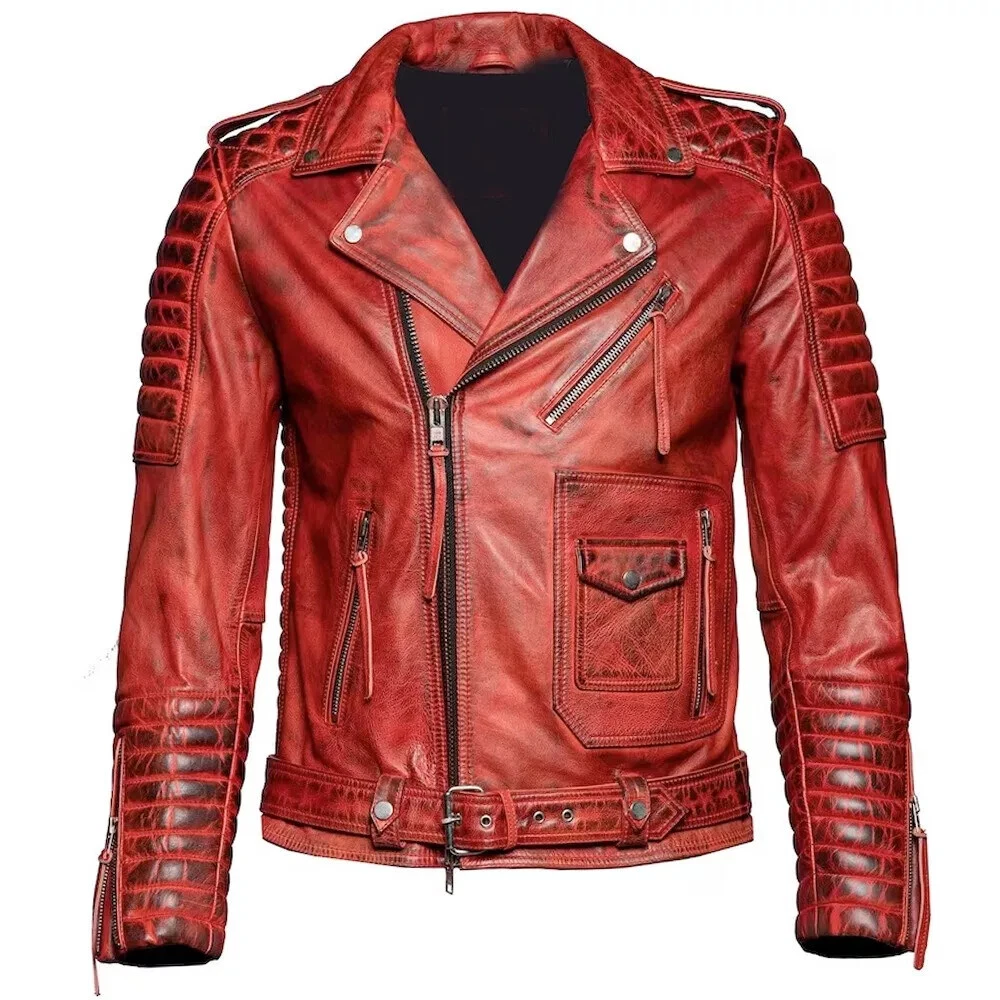 Mens Vintage Cafe Racer Genuine Leather Distressed Jacket Slim Fit Quilted Biker