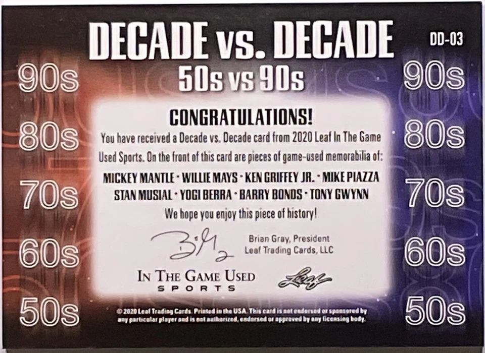 6/7 2020 Leaf Musial Mantle Mays Griffey Jr Bonds Berra Gwynn Piazza ITG GU 1/1 Foto 4 de 4