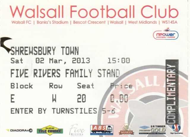 Ticket - Walsall v Shrewsbury Town 02.03.13