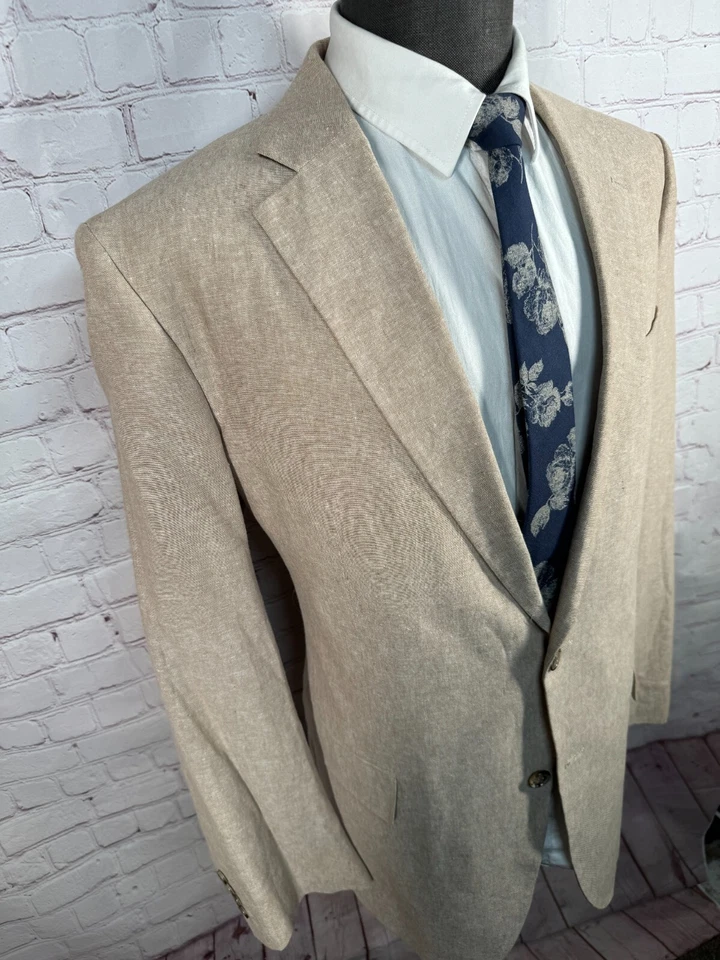 STAFFORD Hombres Marrón Caqui LINO ALGODÓN Clásico Abrigo Deportivo Blazer Chaqueta TALLA 44L Foto 3 de 4