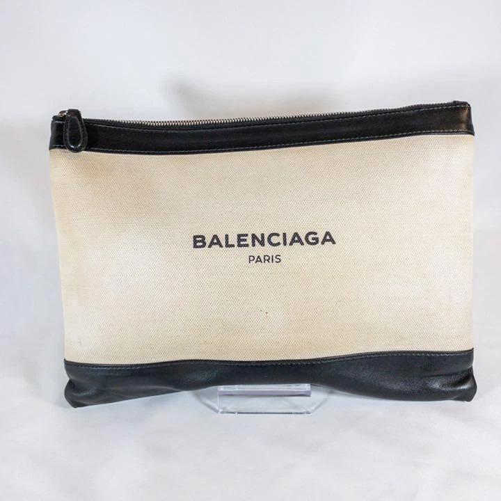 BALENCIAGA Logo Leather Hand Men Beige Black From Japan USED |