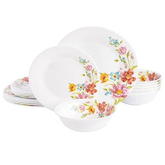 Gibson Home Ultra Round Red Floral 18-Piece Opal Glass Dinne