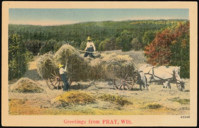 #ad Pray Wisconsin WI Hay Harvest with Horse Drawn Wagon Original Vintage Postcard $4.99