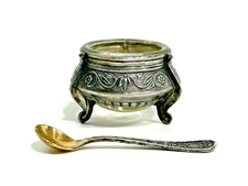 Antique Russian Silverplate Salt Cellar & Spoon
