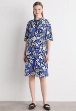 MARC CAIN Dress N6 UK 18 Blue Floral Knee Length Short Sleeve Tie Neck Pockets