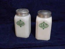 Hazel Atlas Milk Glass Salt & Sugar Range Shakers with Lid 4.5"