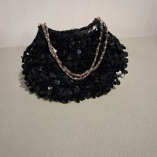 Black Sequin Beaded Evening Clutch Purse Chain Strap Cocktail Party Bag