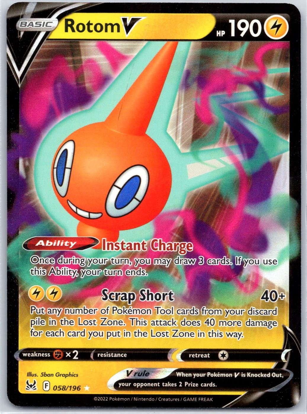 Rotom V 058/196 Holo V Rare Lost Origin Pokemon Near Mint