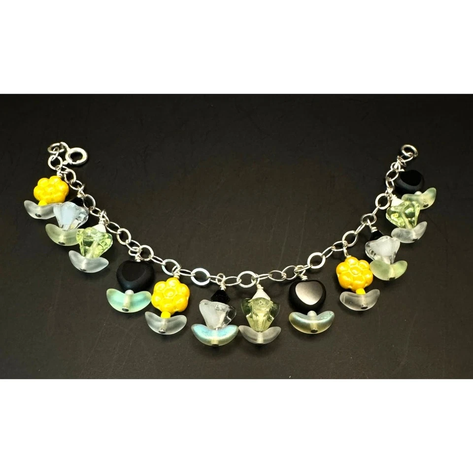 Colar de berloque de flor de contas de vidro de urânio prata esterlina - Imagem 4 de 4