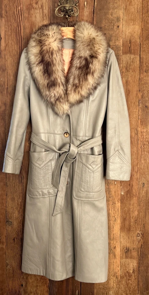 Vintage 60’s 70’s Penny Lane  Taupe Leather Afghan Trench Coat Fluffy Fur Collar - Image 4 of 4