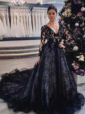 Pastrol Black Lace Wedding Dress V-neck Long Sleeves A-Line Robe Sexy Backless