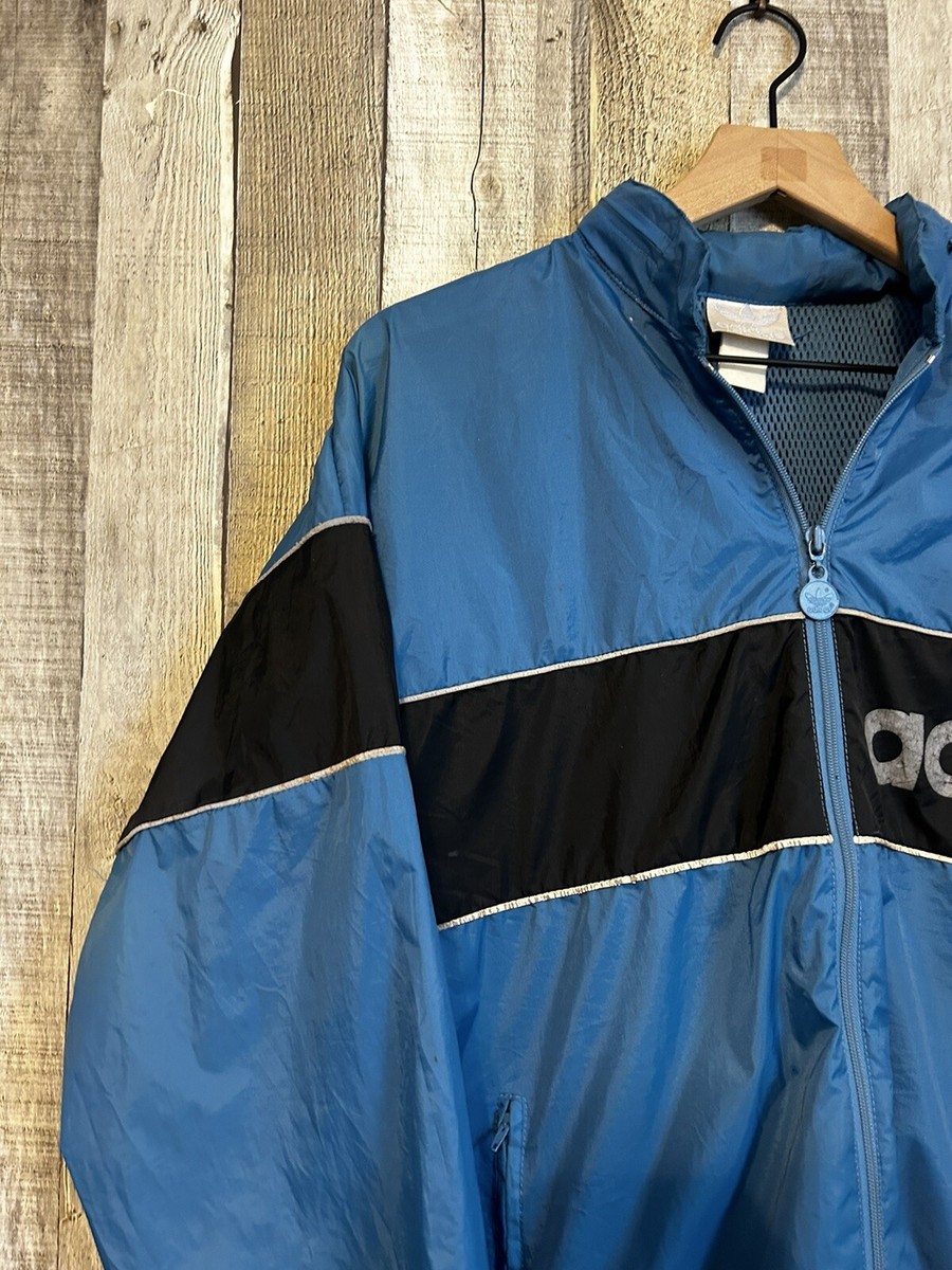 Vintage 80s Adidas Windbreaker Jacket Full Zip Hooded Blue Medium