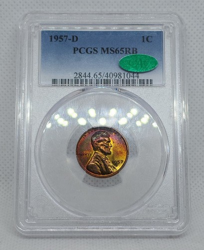 1957 D Lincoln Cent 1C PCGS MS65RB CAC Rainbow Toned True Monster Neon Toning - Picture 6 of 11