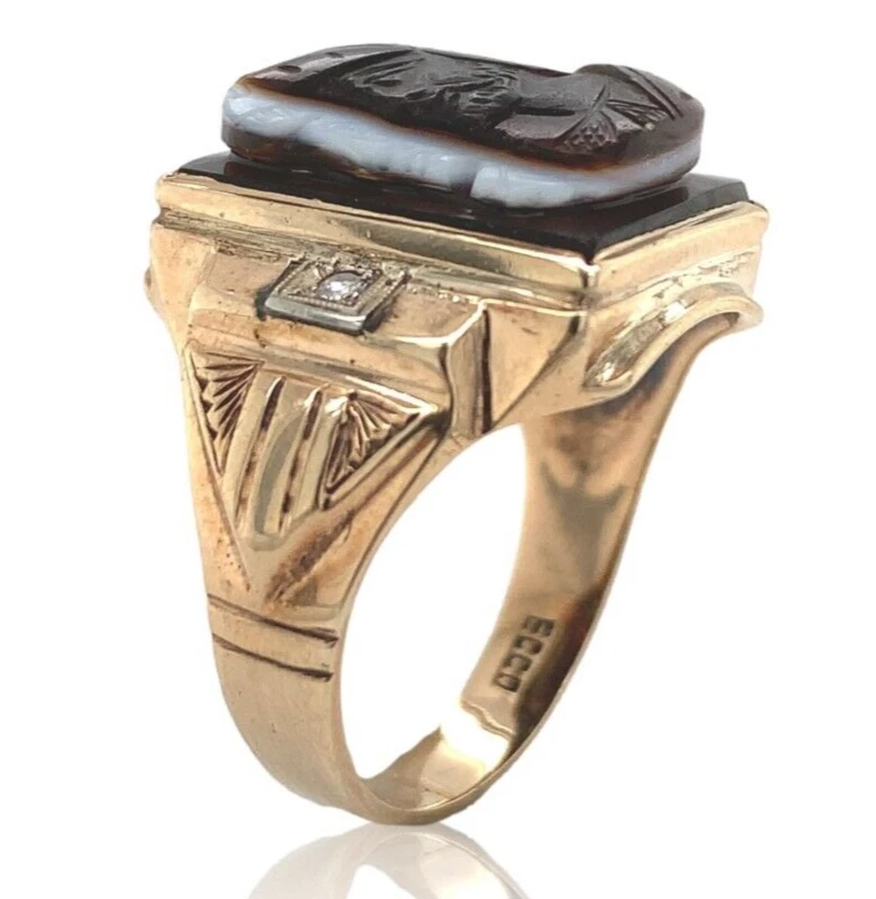 Anillo de oro amarillo de 10k para hombre con piedra camafeo doble guerrero talla 9,25 (#J6634) Foto 3 de 4